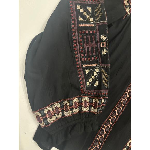 American Eagle Black Boho Embroidered Peasant Top Tassel Tie Neck Long Sleeve S - Picture 9 of 10
